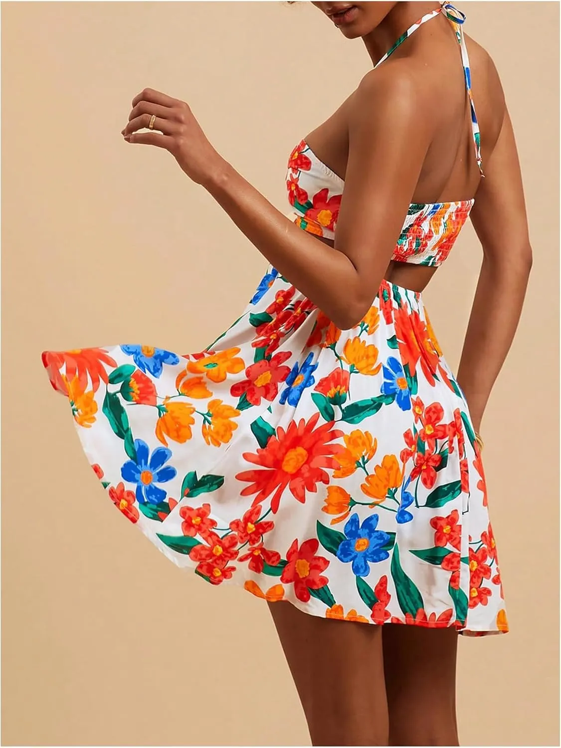SweatyRocks Women's Floral Print Cut Out Sleeveless Halter Mini Dress Holiday Flowy Vacation Dresses