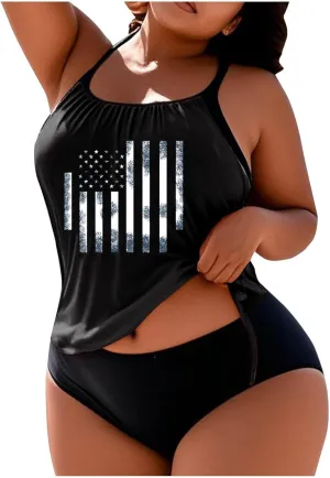 Tankini Swimsuits for Women Tummy Control American Flag Bathing Suit 2 Piece Hide Belly Blouson Swimwear with Bottoms