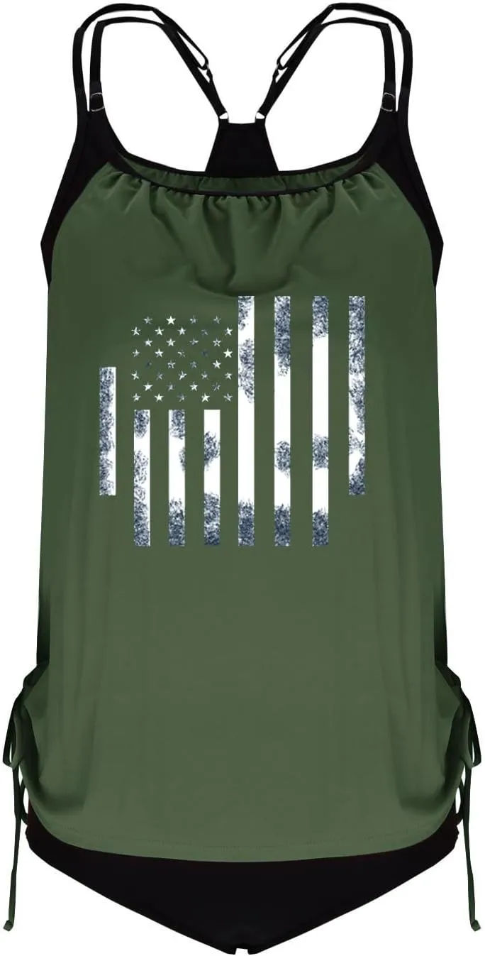 Tankini Swimsuits for Women Tummy Control American Flag Bathing Suit 2 Piece Hide Belly Blouson Swimwear with Bottoms