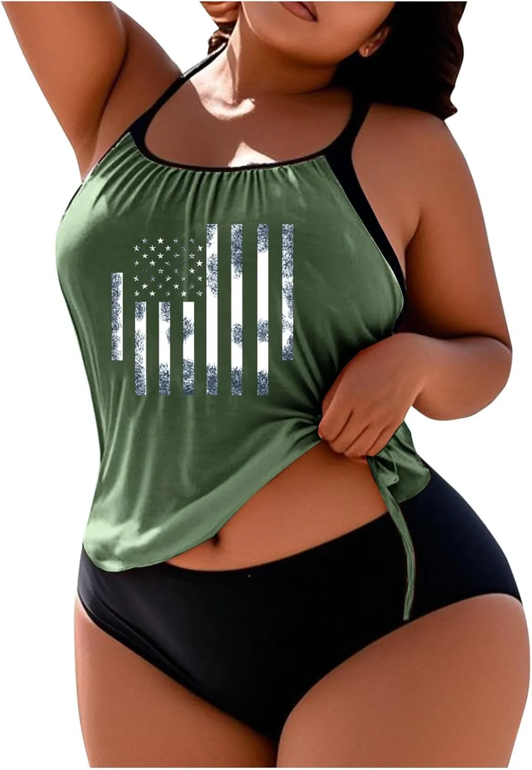 Tankini Swimsuits for Women Tummy Control American Flag Bathing Suit 2 Piece Hide Belly Blouson Swimwear with Bottoms