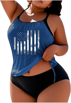 Tankini Swimsuits for Women Tummy Control American Flag Bathing Suit 2 Piece Hide Belly Blouson Swimwear with Bottoms