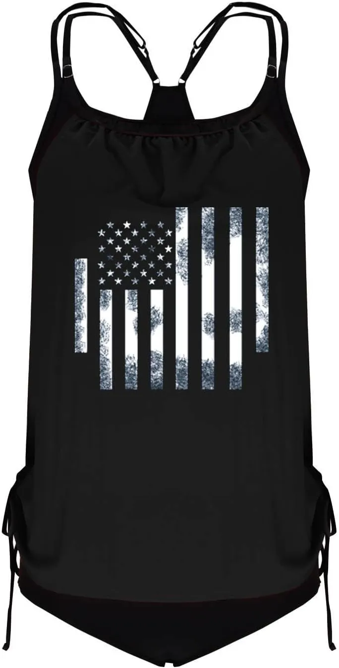 Tankini Swimsuits for Women Tummy Control American Flag Bathing Suit 2 Piece Hide Belly Blouson Swimwear with Bottoms