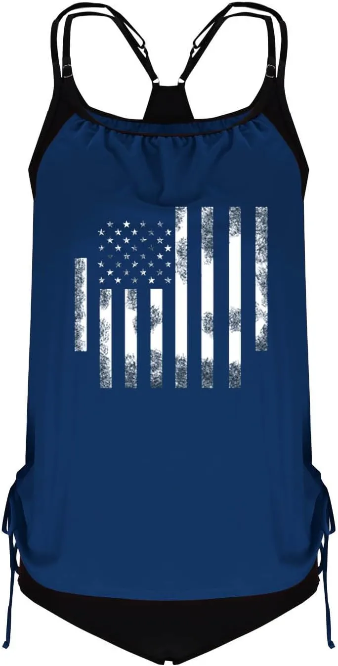 Tankini Swimsuits for Women Tummy Control American Flag Bathing Suit 2 Piece Hide Belly Blouson Swimwear with Bottoms