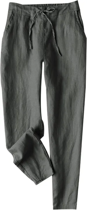 Tanming Linen Pants for Women Summer Casual High Waisted Drawstring White Beach Pant