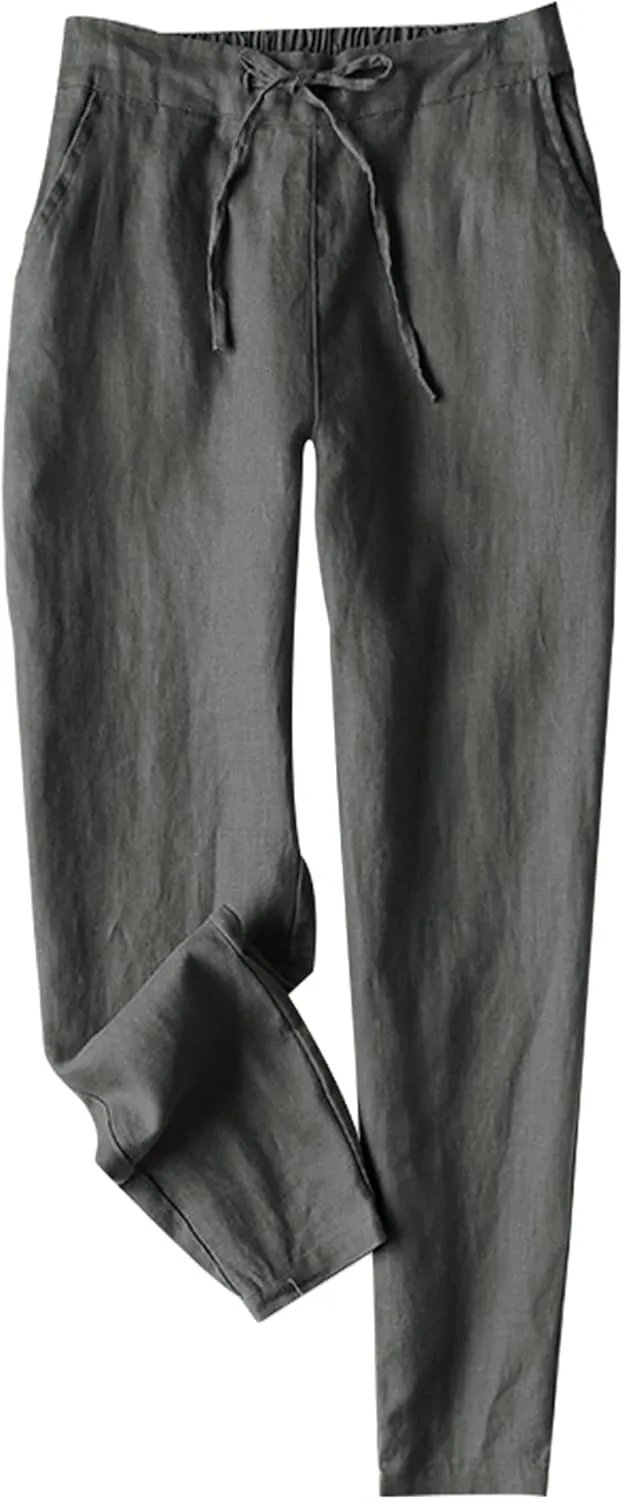 Tanming Linen Pants for Women Summer Casual High Waisted Drawstring White Beach Pant