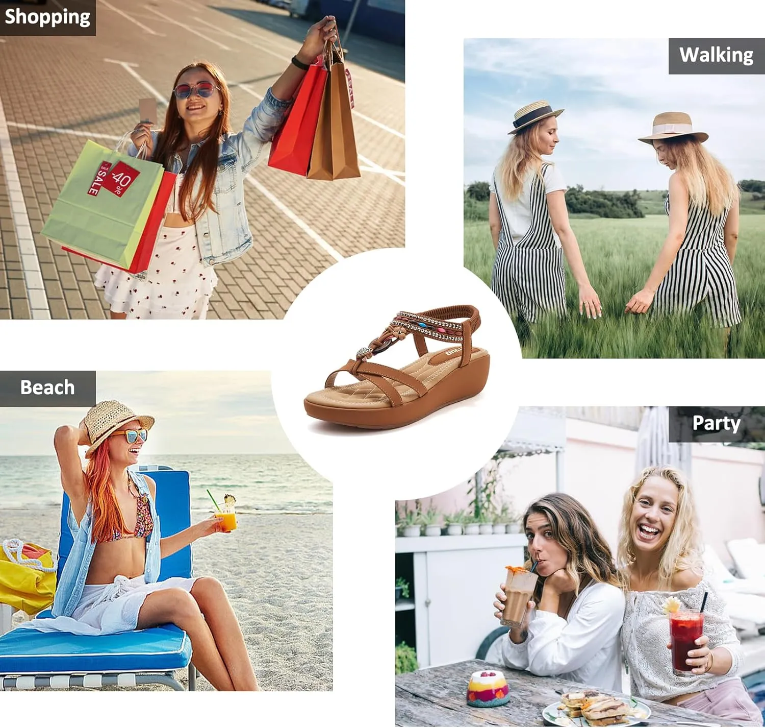 TETSUO Sandals Women Platform Wedge Low Heels Sandals Dressy Flower Summer Beach Rhinestone Casual Shoes for Women Walking Elastic Ankle Strap Open Toe Bohemia Shoes