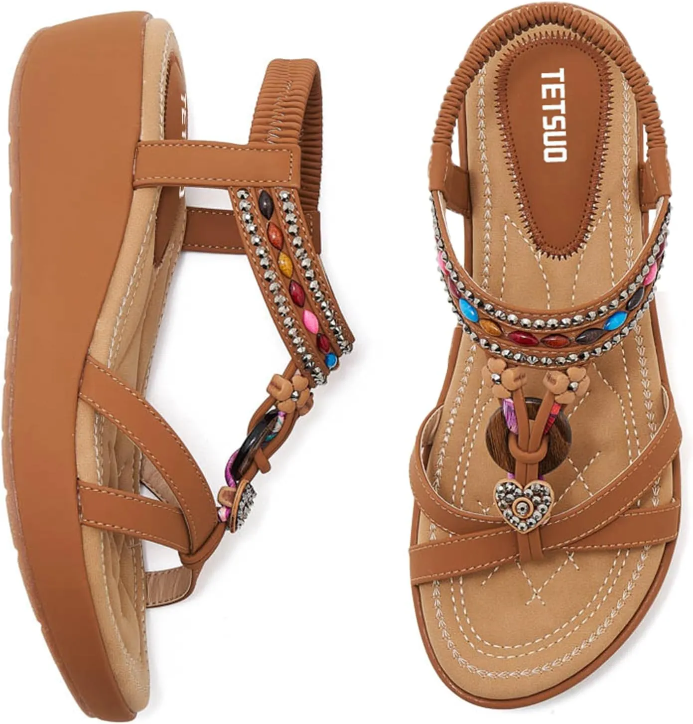 TETSUO Sandals Women Platform Wedge Low Heels Sandals Dressy Flower Summer Beach Rhinestone Casual Shoes for Women Walking Elastic Ankle Strap Open Toe Bohemia Shoes