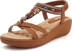 TETSUO Sandals Women Platform Wedge Low Heels Sandals Dressy Flower Summer Beach Rhinestone Casual Shoes for Women Walking Elastic Ankle Strap Open Toe Bohemia Shoes