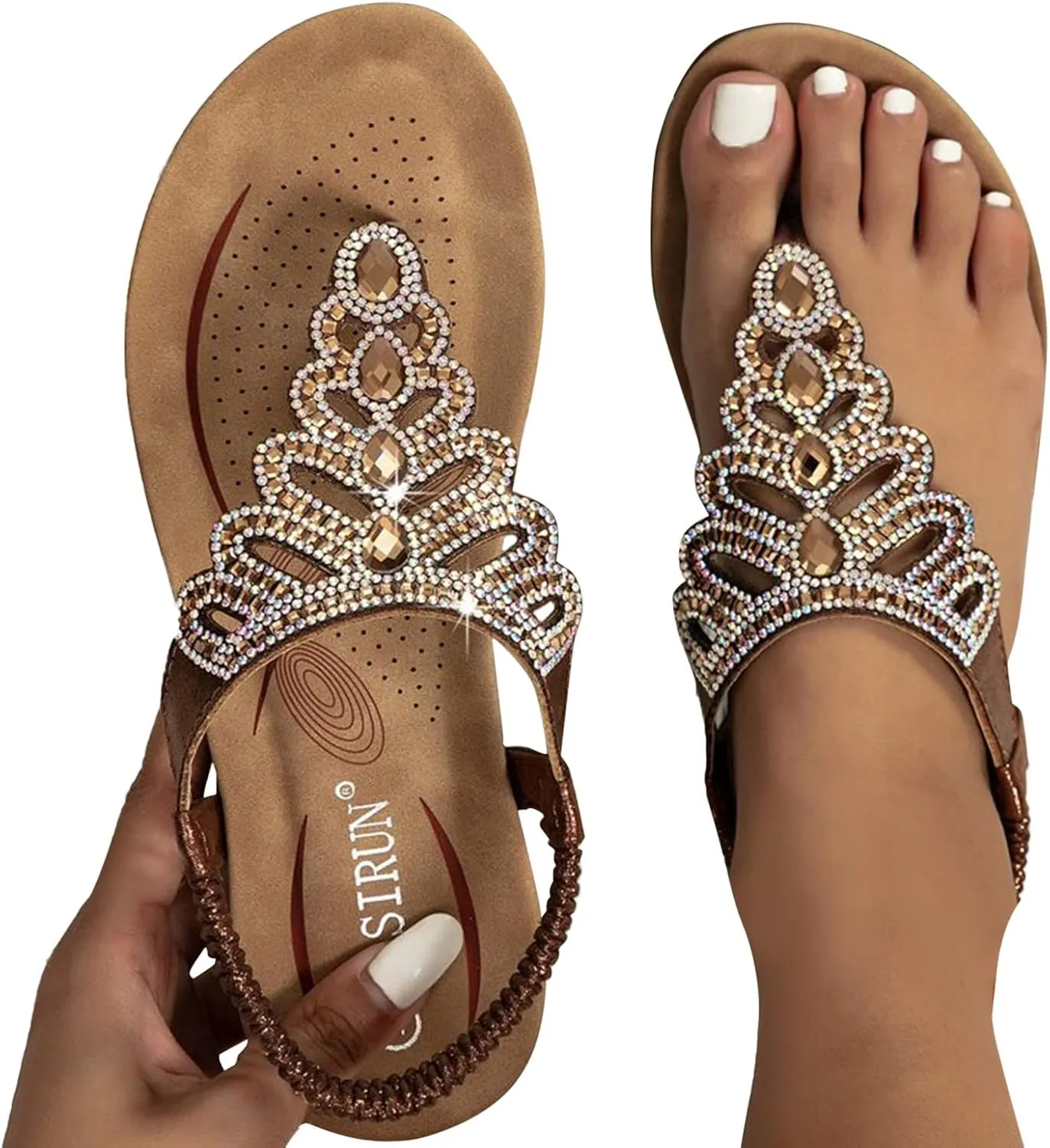 Thong Sandals for Women Dressy,Bohemian Rhinestone Flats Shoes Elastic Strap Flip Flops Summer Beach Walking Sandals