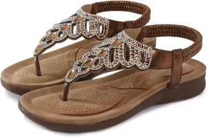 Thong Sandals for Women Dressy,Bohemian Rhinestone Flats Shoes Elastic Strap Flip Flops Summer Beach Walking Sandals