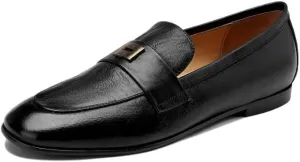 TinaCus Women's Genuine Leather Handmade Round Toe Comfortable Low Stacked Heel Loafers Flat Shoes
