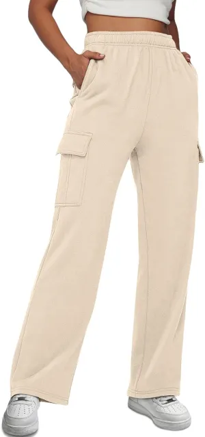 Trendy Queen Womens Cargo Sweatpants Wide Leg Baggy Fleece High Waisted Sweats Pants Winter Clothes with Pockets