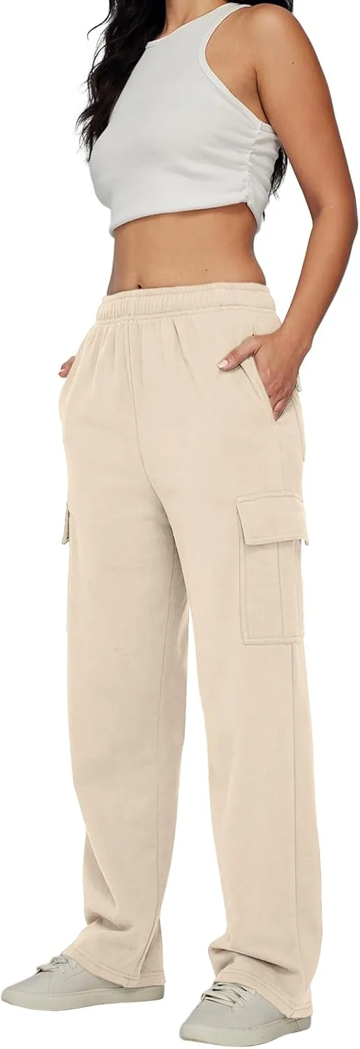 Trendy Queen Womens Cargo Sweatpants Wide Leg Baggy Fleece High Waisted Sweats Pants Winter Clothes with Pockets