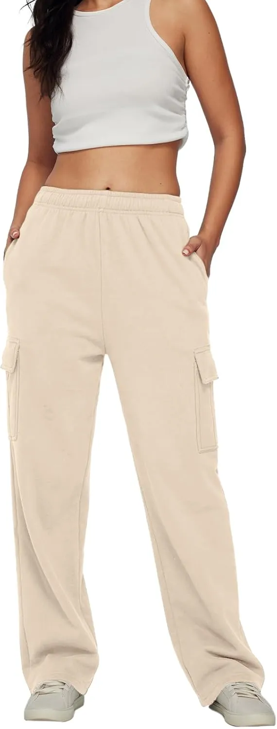Trendy Queen Womens Cargo Sweatpants Wide Leg Baggy Fleece High Waisted Sweats Pants Winter Clothes with Pockets