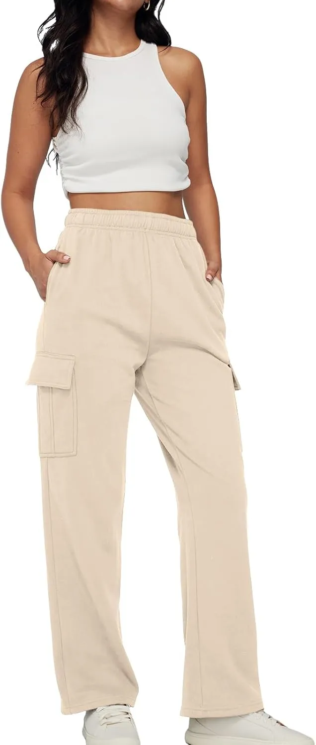 Trendy Queen Womens Cargo Sweatpants Wide Leg Baggy Fleece High Waisted Sweats Pants Winter Clothes with Pockets