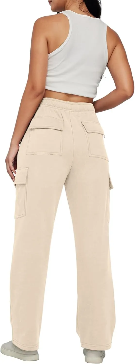 Trendy Queen Womens Cargo Sweatpants Wide Leg Baggy Fleece High Waisted Sweats Pants Winter Clothes with Pockets