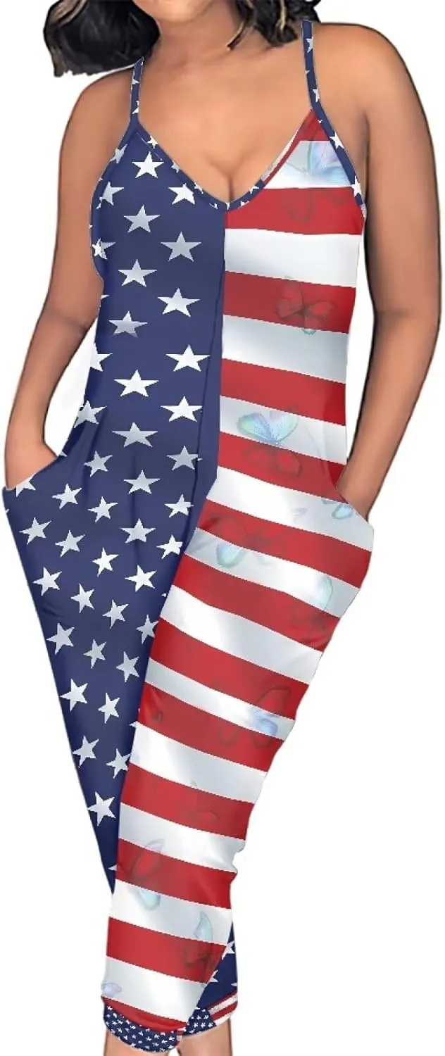 Tropical Jumpsuits for Women Hawaiian Flamingos Strap V with Pockets Jumpsuit