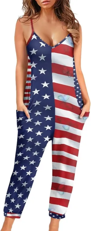 Tropical Jumpsuits for Women Hawaiian Flamingos Strap V with Pockets Jumpsuit