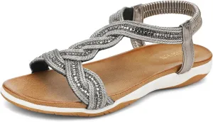 UBFEN Flat Sandals For Women Dressy Walking Comfortable Sandal With Rhinestone Braid Elastic Strap Summer Vacation