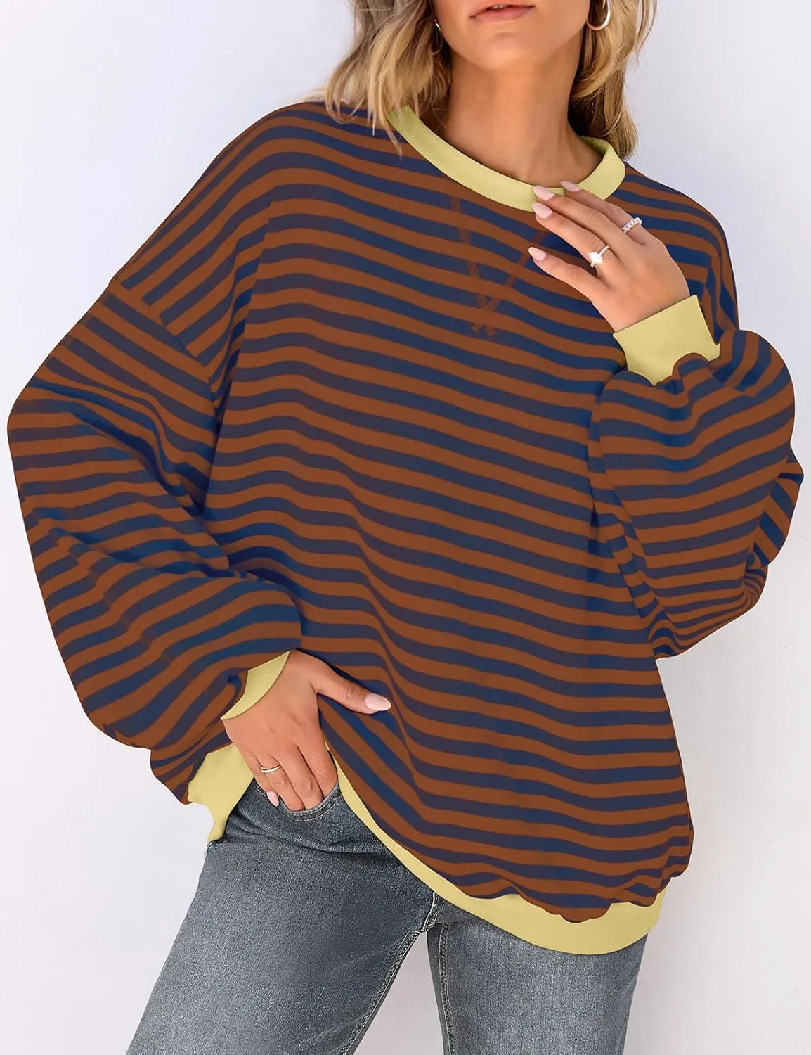 UEU Women Oversized Striped Crewneck Sweatshirt Long Sleeve Color Block Pullover Tops Casual Loose Workout Shirt