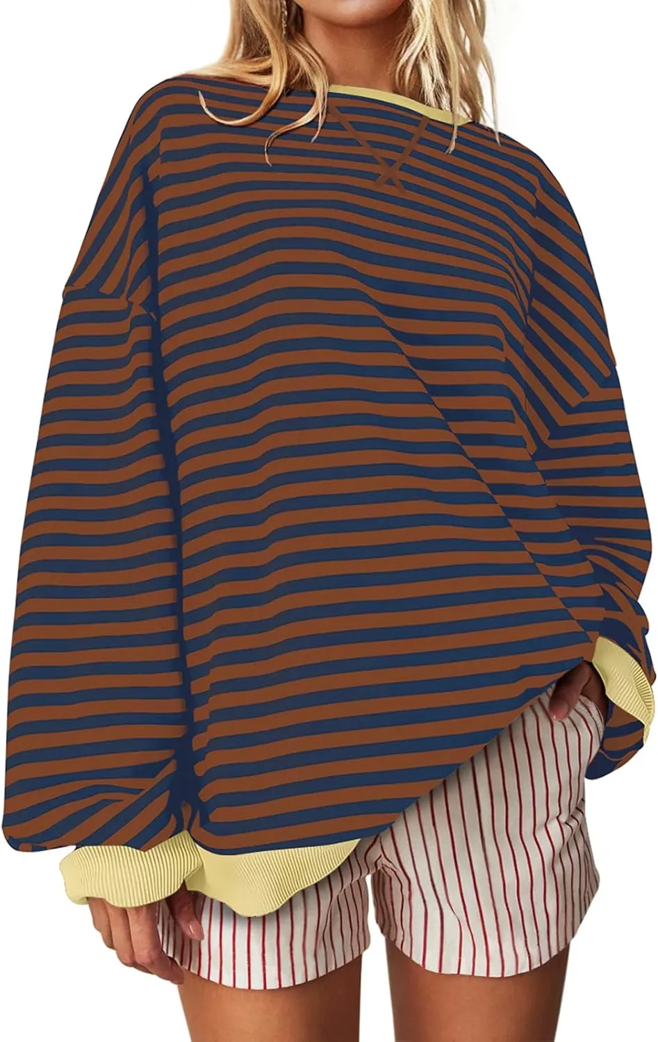 UEU Women Oversized Striped Crewneck Sweatshirt Long Sleeve Color Block Pullover Tops Casual Loose Workout Shirt