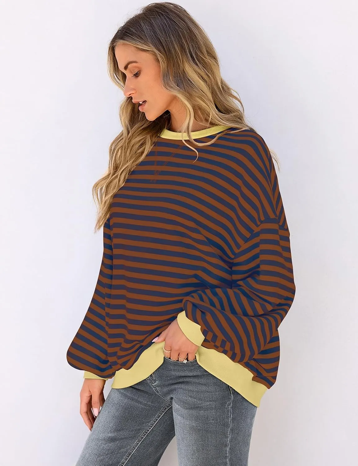 UEU Women Oversized Striped Crewneck Sweatshirt Long Sleeve Color Block Pullover Tops Casual Loose Workout Shirt