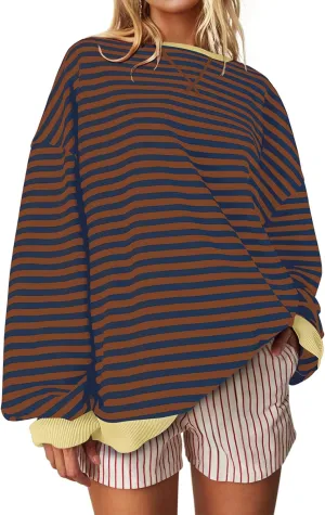 UEU Women Oversized Striped Crewneck Sweatshirt Long Sleeve Color Block Pullover Tops Casual Loose Workout Shirt