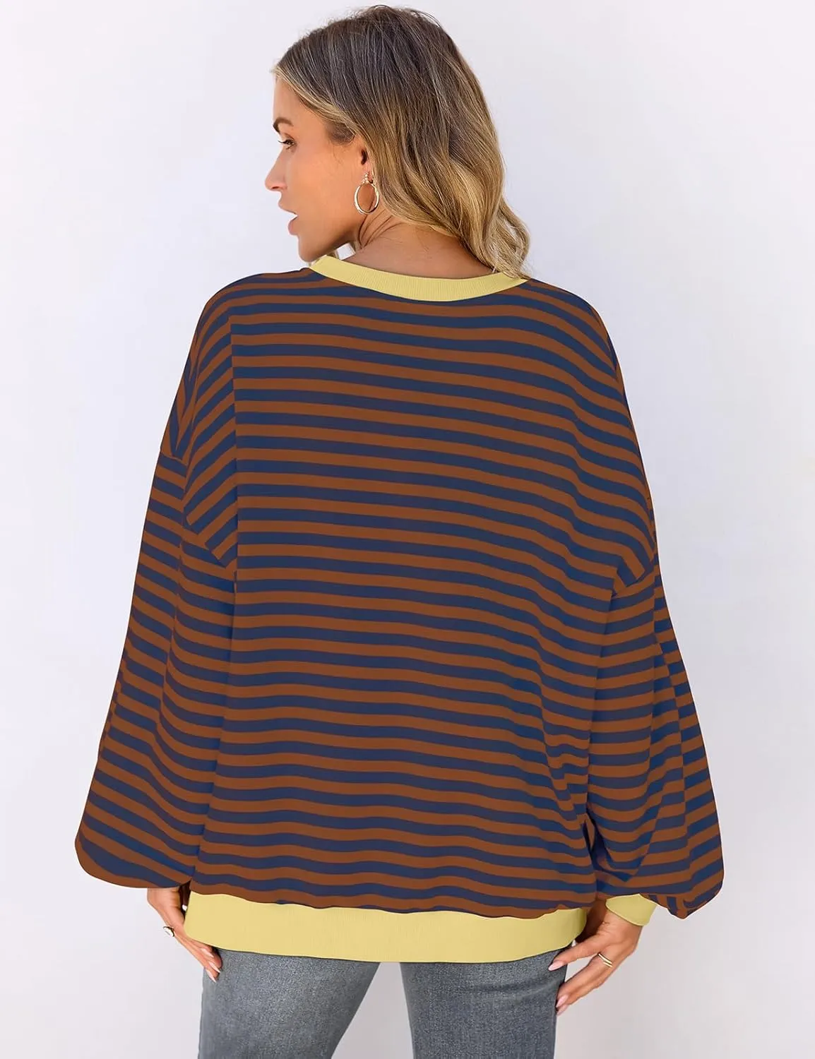 UEU Women Oversized Striped Crewneck Sweatshirt Long Sleeve Color Block Pullover Tops Casual Loose Workout Shirt