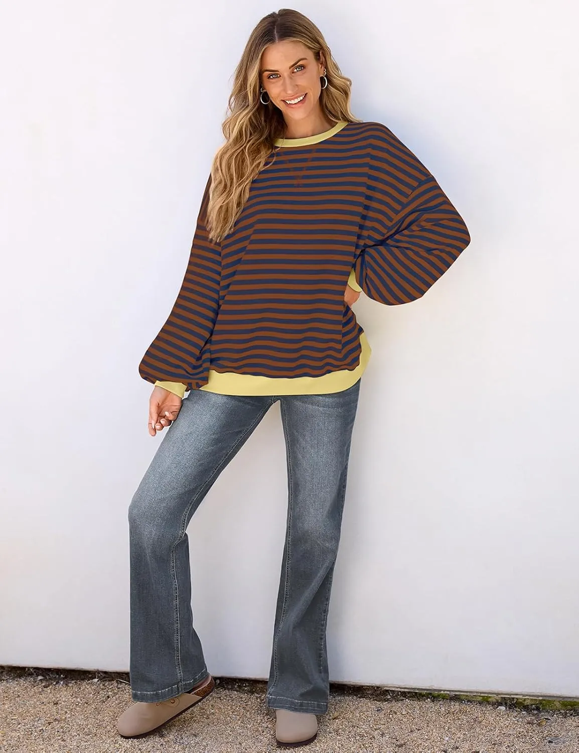 UEU Women Oversized Striped Crewneck Sweatshirt Long Sleeve Color Block Pullover Tops Casual Loose Workout Shirt