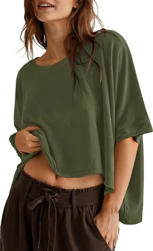 UEU Womens Summer Oversized Tops Casual Loose Crop T Shirts Crewneck Basic Boxy Tee Shirt Trendy Outfits Blouse