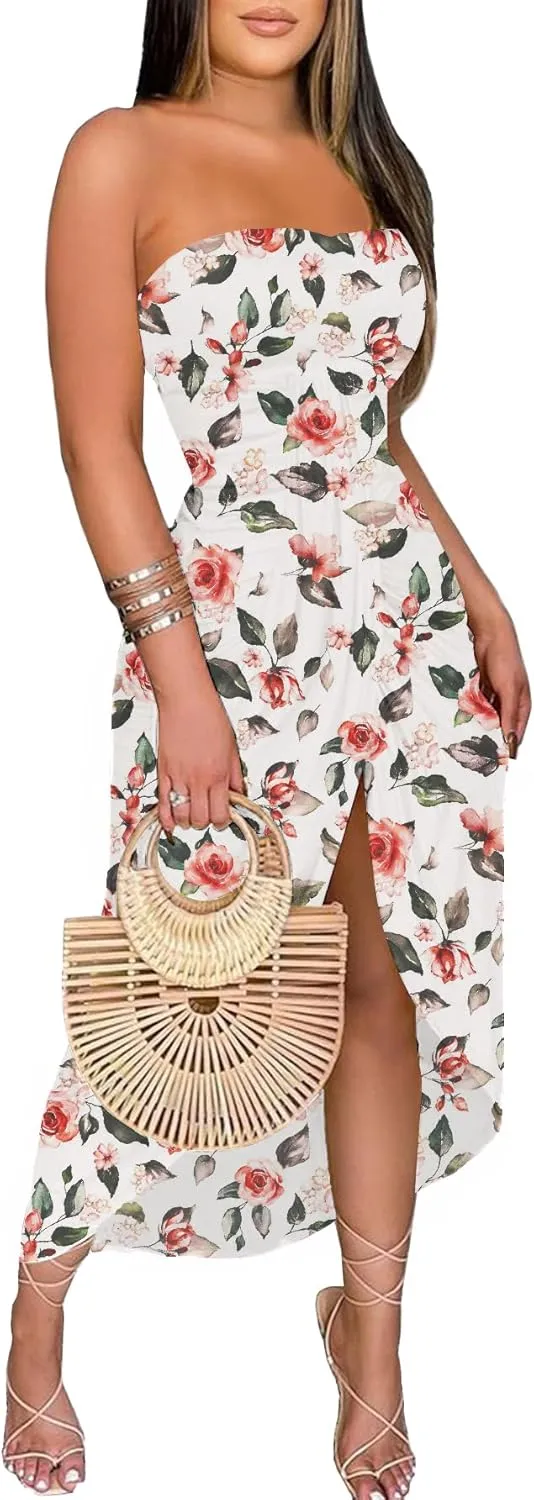 Umenlele Women's Strapless Ruched High Waist Wrap Split Asymmetrical Beach Maxi Long Dress