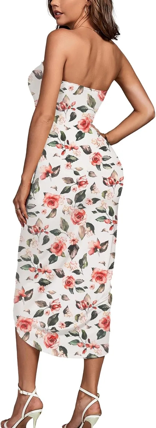 Umenlele Women's Strapless Ruched High Waist Wrap Split Asymmetrical Beach Maxi Long Dress