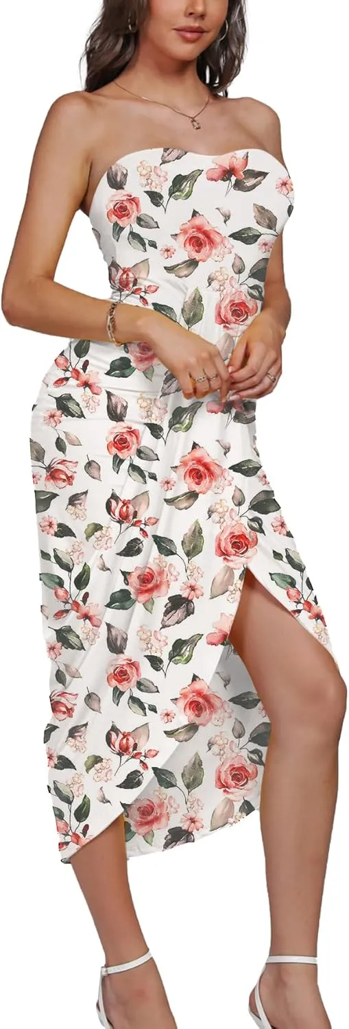 Umenlele Women's Strapless Ruched High Waist Wrap Split Asymmetrical Beach Maxi Long Dress