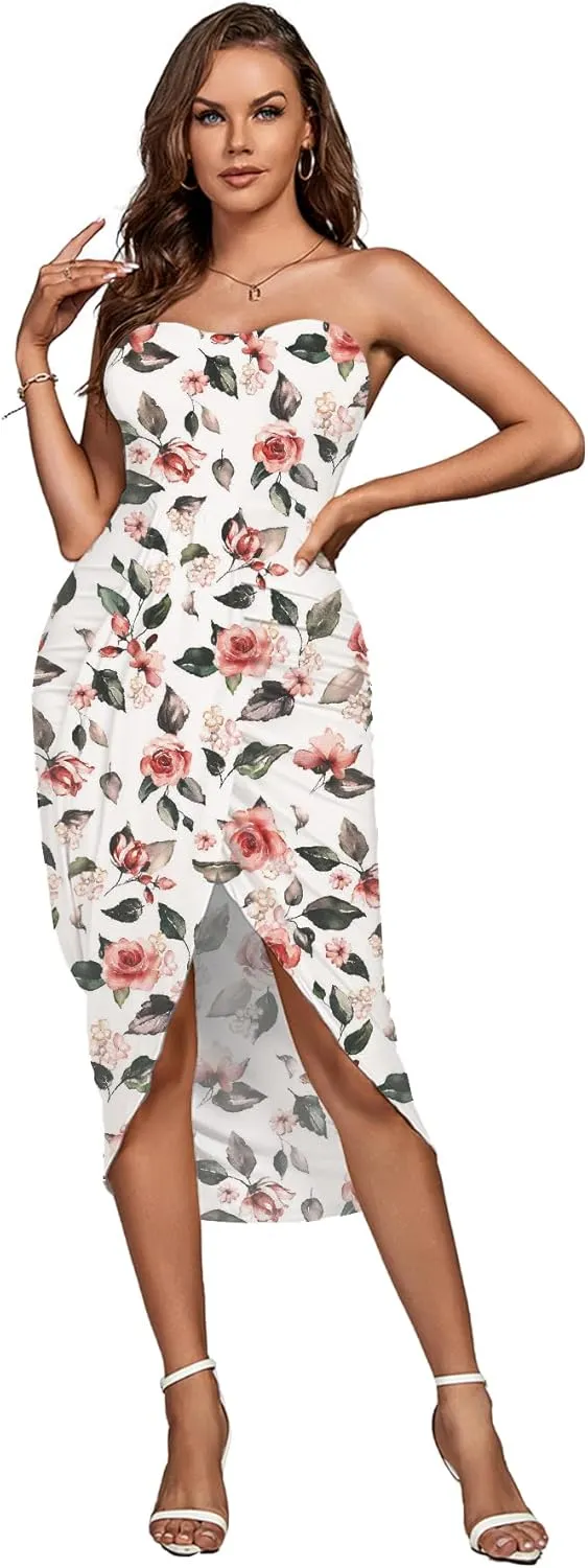Umenlele Women's Strapless Ruched High Waist Wrap Split Asymmetrical Beach Maxi Long Dress