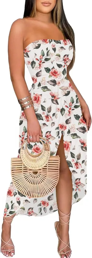 Umenlele Women's Strapless Ruched High Waist Wrap Split Asymmetrical Beach Maxi Long Dress