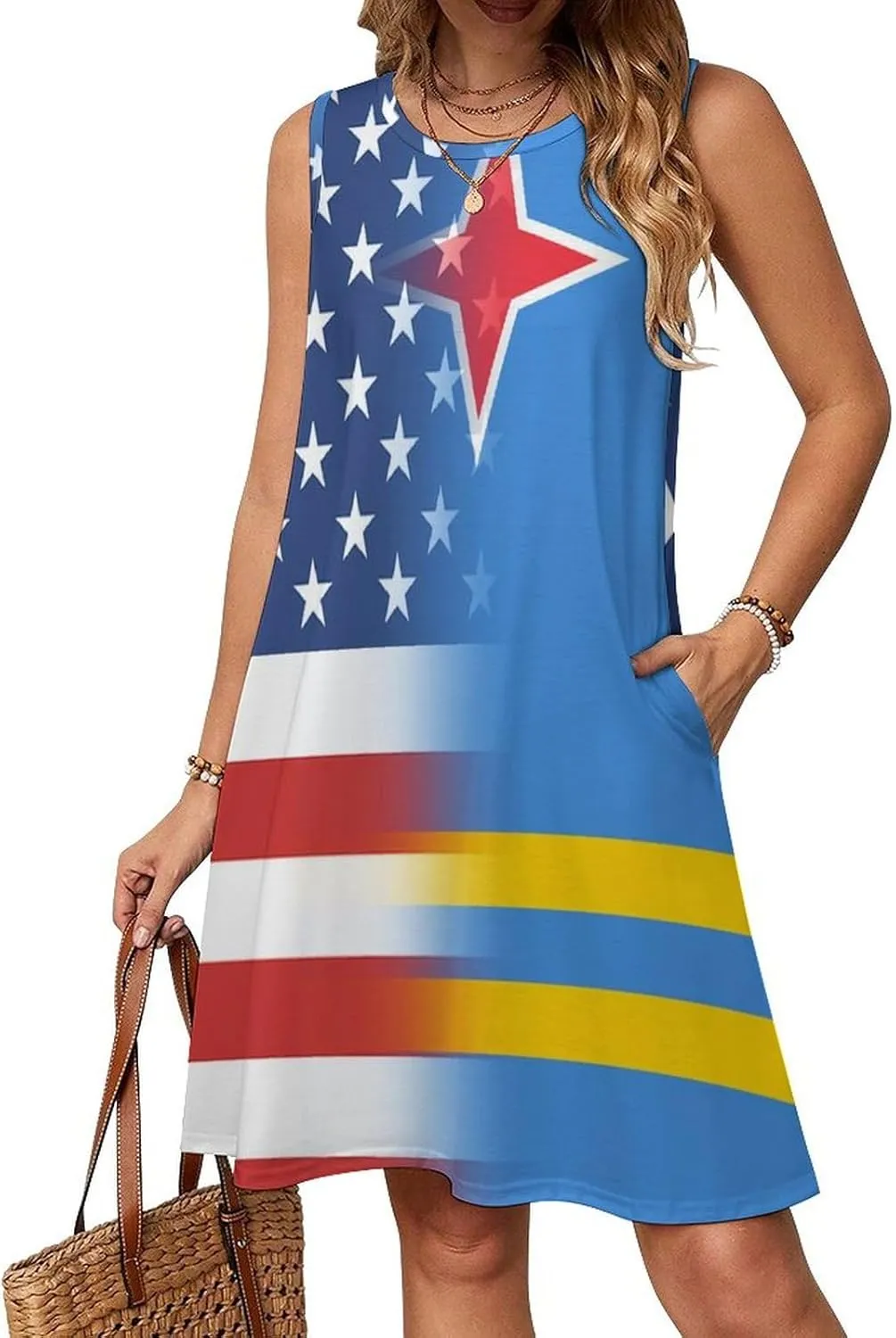 USA and Aruba Flag Women's Summer Dress Sleeveless Casual Loose Beach Vacation Tank Sundress