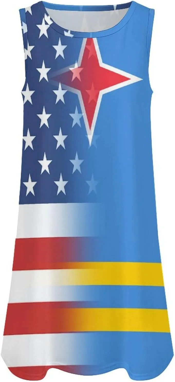 USA and Aruba Flag Women's Summer Dress Sleeveless Casual Loose Beach Vacation Tank Sundress