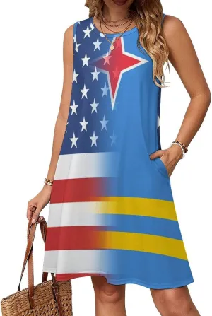 USA and Aruba Flag Women's Summer Dress Sleeveless Casual Loose Beach Vacation Tank Sundress