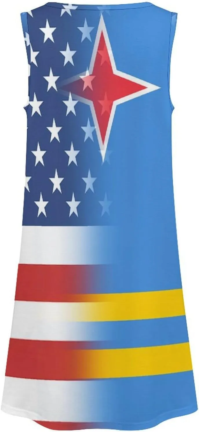 USA and Aruba Flag Women's Summer Dress Sleeveless Casual Loose Beach Vacation Tank Sundress