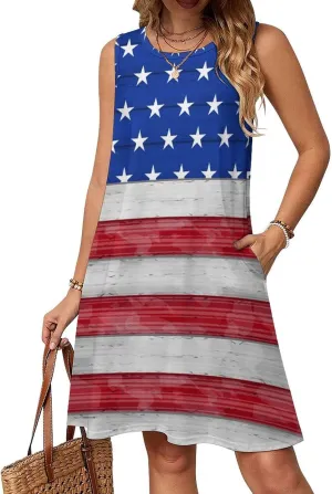 USA Flag Day Women's Summer Dress Sleeveless Casual Loose Beach Vacation Tank Sundress