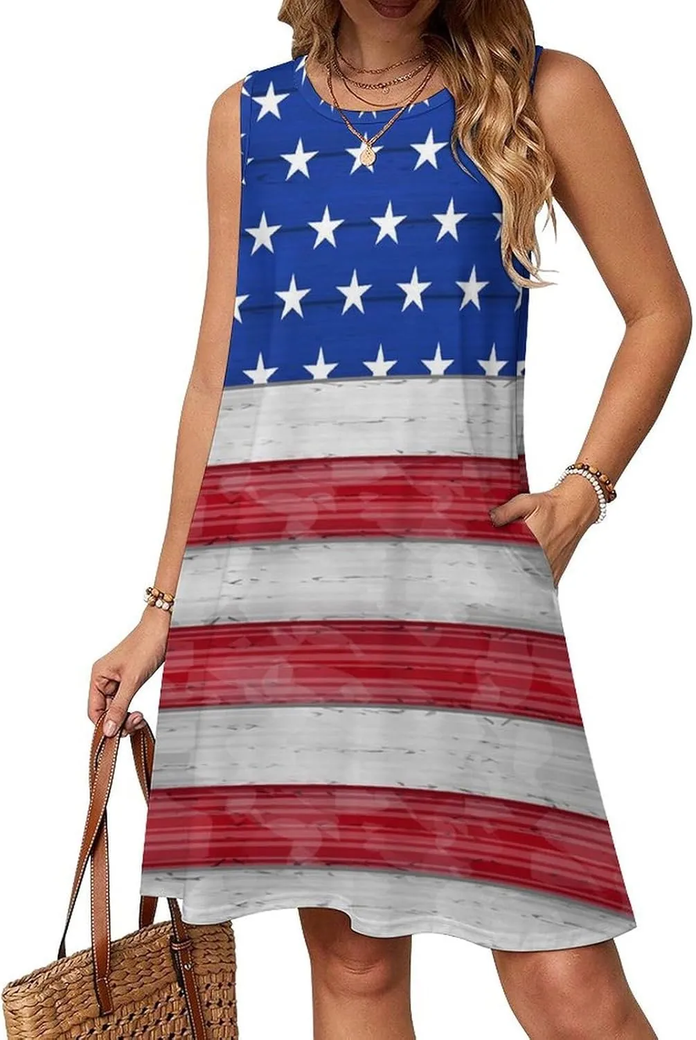 USA Flag Day Women's Summer Dress Sleeveless Casual Loose Beach Vacation Tank Sundress