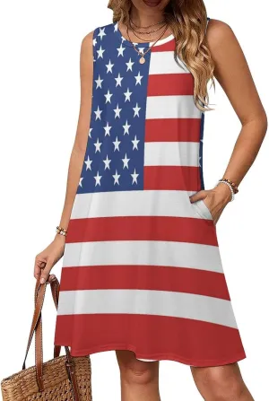 USA Flag Women's Summer Dress Sleeveless Casual Loose Beach Vacation Tank Sundress