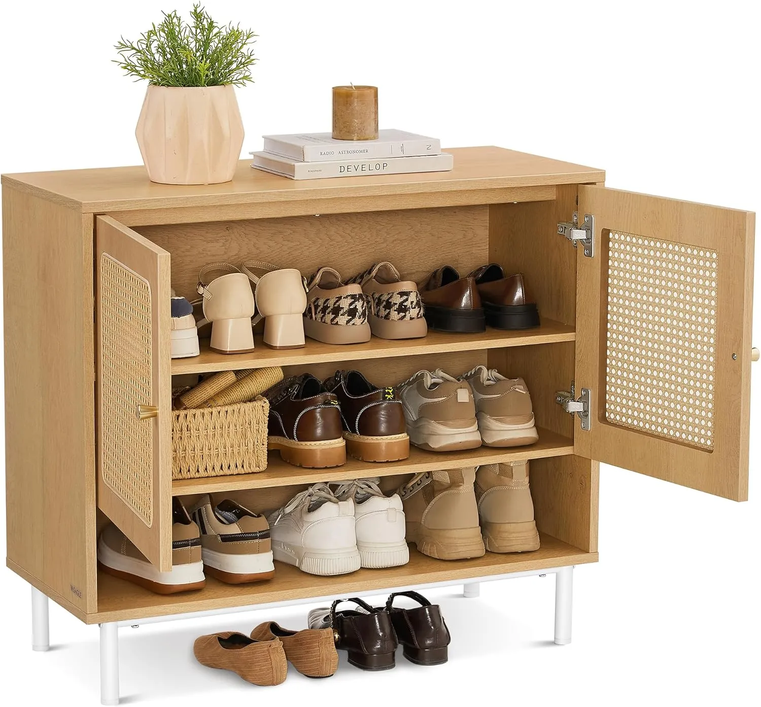 VASAGLE Natural Rattan 3-Tier Shoe Cabinet, 16 Pair Shoe Storage Cabinet, Boho Style Shoe Organizer with Height-Adjustable Shelves and Steel Legs, for Entryway, Closet, Hallway, Oak Beige ULBC049N01