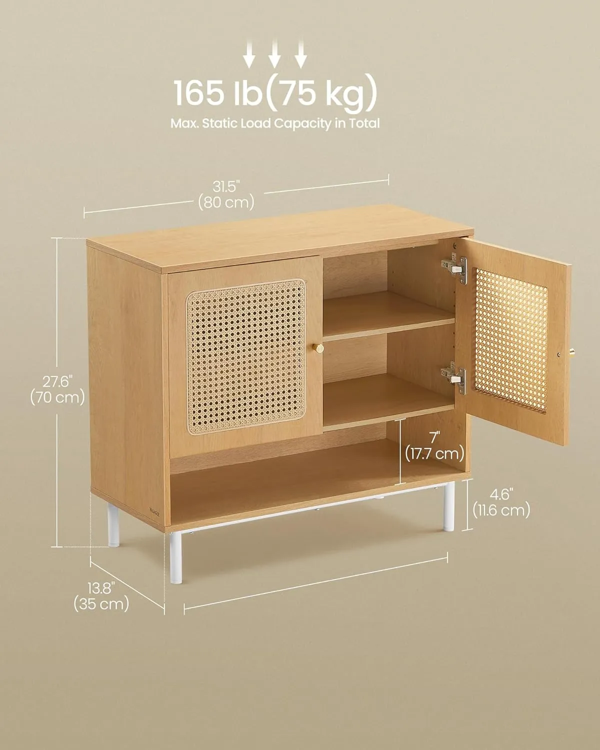 VASAGLE Natural Rattan 3-Tier Shoe Cabinet, 16 Pair Shoe Storage Cabinet, Boho Style Shoe Organizer with Height-Adjustable Shelves and Steel Legs, for Entryway, Closet, Hallway, Oak Beige ULBC049N01