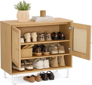 VASAGLE Natural Rattan 3-Tier Shoe Cabinet, 16 Pair Shoe Storage Cabinet, Boho Style Shoe Organizer with Height-Adjustable Shelves and Steel Legs, for Entryway, Closet, Hallway, Oak Beige ULBC049N01