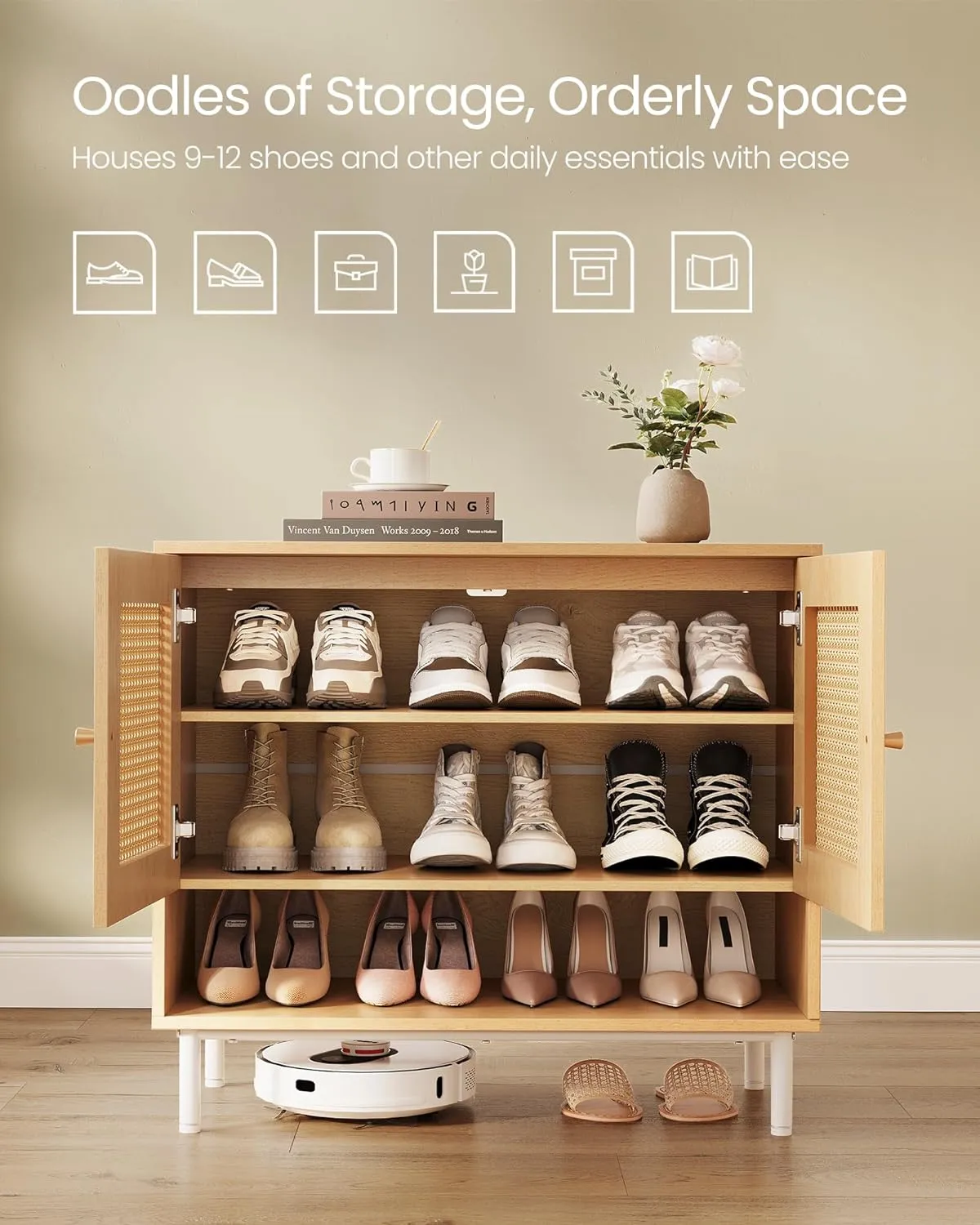 VASAGLE Natural Rattan 3-Tier Shoe Cabinet, 16 Pair Shoe Storage Cabinet, Boho Style Shoe Organizer with Height-Adjustable Shelves and Steel Legs, for Entryway, Closet, Hallway, Oak Beige ULBC049N01