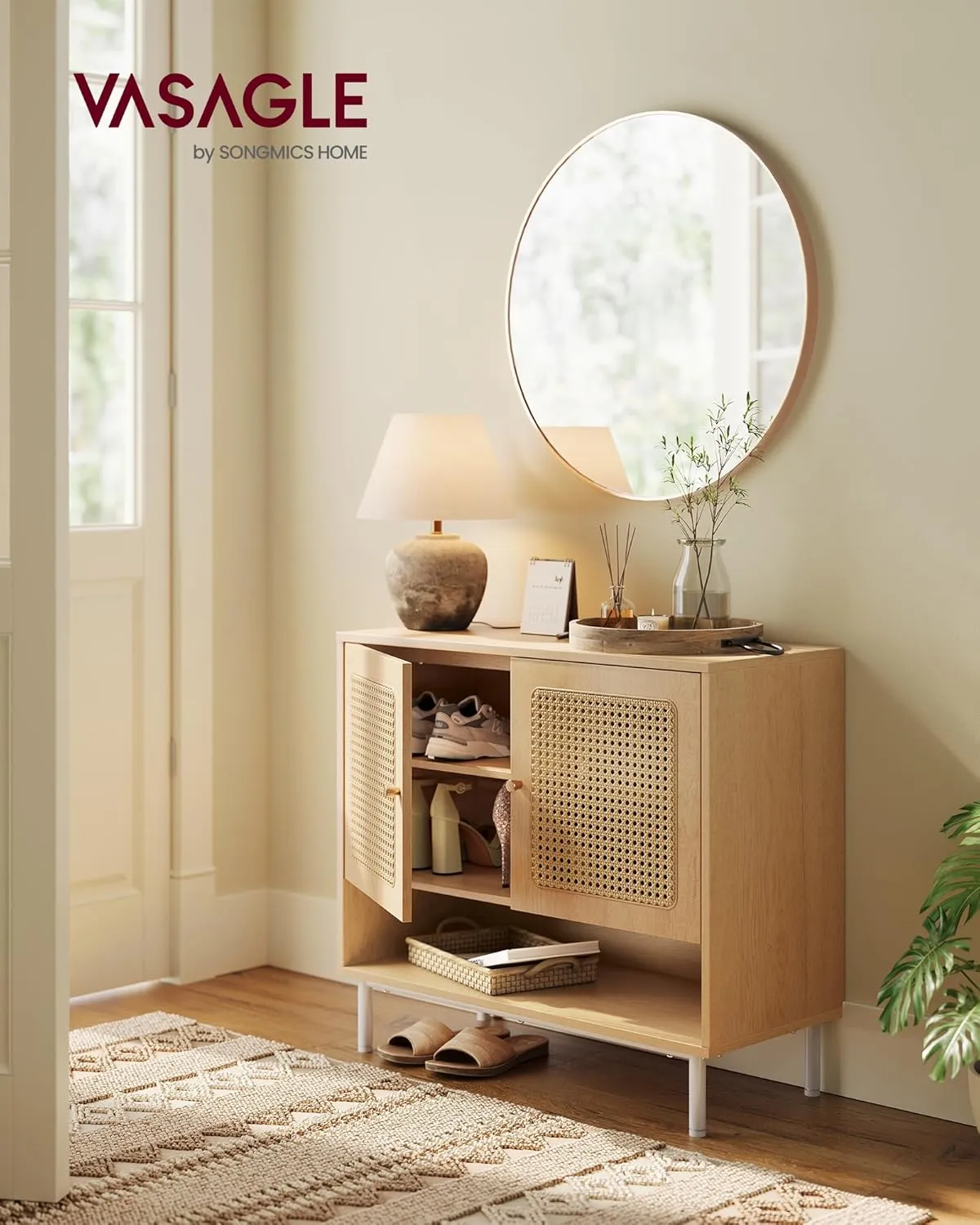 VASAGLE Natural Rattan 3-Tier Shoe Cabinet, 16 Pair Shoe Storage Cabinet, Boho Style Shoe Organizer with Height-Adjustable Shelves and Steel Legs, for Entryway, Closet, Hallway, Oak Beige ULBC049N01