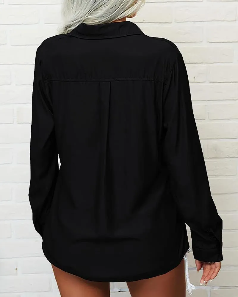 Veatzaer Womens Solid Lapel Long Sleeves Button Down Shirt Top Casual Basic Office Blouse