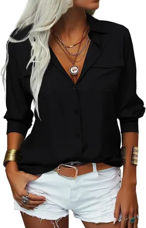 Veatzaer Womens Solid Lapel Long Sleeves Button Down Shirt Top Casual Basic Office Blouse