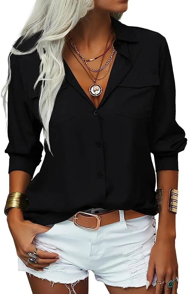 Veatzaer Womens Solid Lapel Long Sleeves Button Down Shirt Top Casual Basic Office Blouse